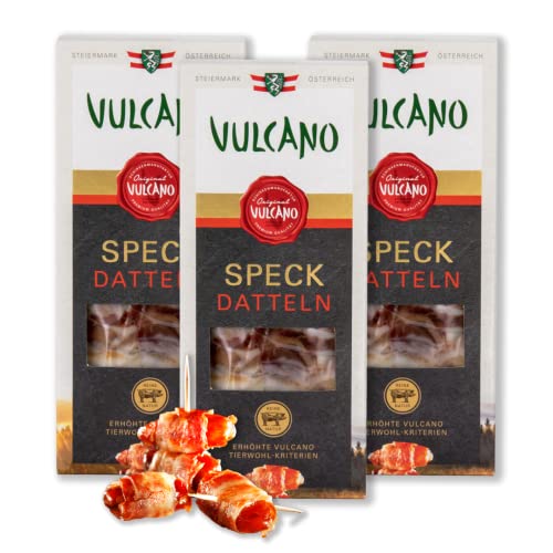 Speckfrüchte mit natürlich Zutaten aus Österreich, Datteln umwickelt mit Räucherspeck, Österreichisches Qualitätsprodukt, Antipasti, Tapas (Speckdatteln) von Vulcano