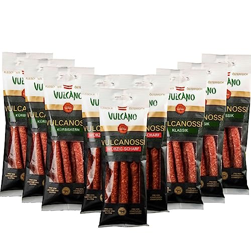 Vulcano Vulcanossi Snack, Mini Salamis zum Snacken, geräucherte Mini Wurst, 9 x 85g handlich verpackt, Idealer Snack für Unterwegs, zur Arbeit, für die Schule (Mix) von Vulcano
