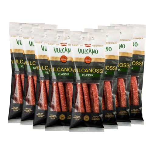 Vulcano Vulcanossi Snack, Mini Salamis zum Snacken, geräucherte Mini Wurst, 10 x 85g handlich verpackt, Idealer Snack für Unterwegs, zur Arbeit, für die Schule (Klassik) von Vulcano