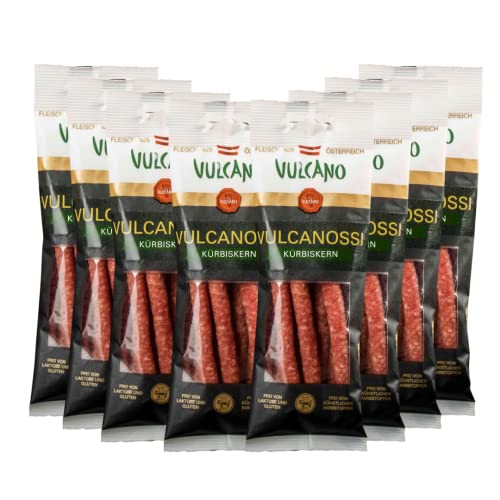 Vulcano Vulcanossi Snack, Mini Salamis zum Snacken, geräucherte Mini Wurst, 10 x 85g handlich verpackt, Idealer Snack für Unterwegs, zur Arbeit, für die Schule(Kürbiskern) von Vulcano