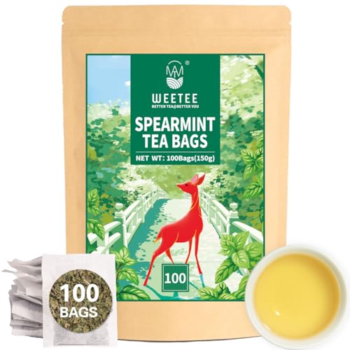 WEETEE Grüne Minze Teebeutel, 100 Stück Krauseminze Tee Beutel, hergestellt aus 100% reinen Spearmint Blättern, natürlicher koffeinfreier Kräutertee, erfrischender und milder Minztee von WEETEE