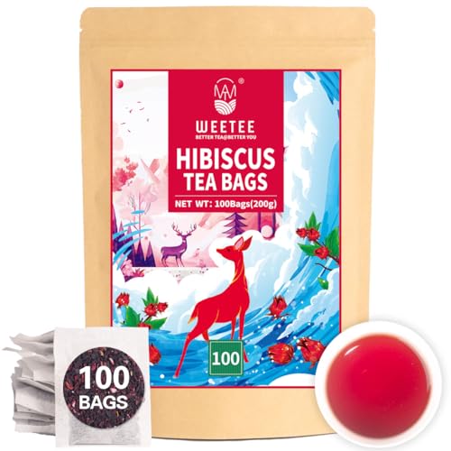 WEETEE Hibiskus Tee Beutel, 100 Stück Hibiscus Tea, hergestellt aus 100% reinen Hibiskusblütentee, natürlicher koffeinfreier Kräutertee, sauer und erfrischend, heiß oder eisgekühlt aufbrühen von WEETEE