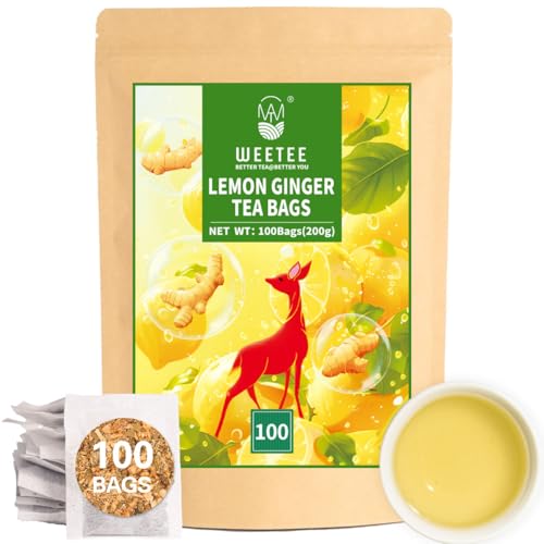 WEETEE Ingwer Zitronen Tee Beutel, 100 Stück Zitronen und Ingwer Kräutertee Beutel, Hergestellt mit Zitronengras, Ingwer, Zitronenschale, süßer Tee, koffeinfreier Kräutertee (Ginger Lemon Tea) von WEETEE