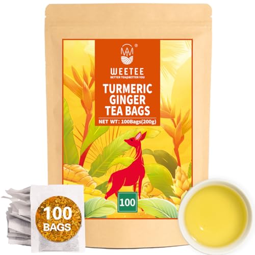 WEETEE Kurkuma Ingwer Tee Beutel, 100 Stück Ingwer-Kurkuma-Teebeutel, Kräutermischung aus Kurkuma und Ingwerwurzel, herzhaft und würzig, natürlicher koffeinfreier Gewürztee von WEETEE