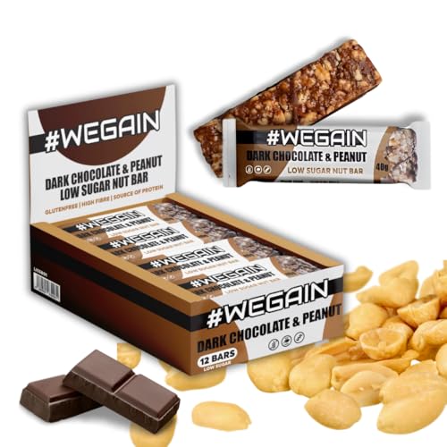 #WEGAIN Nut Bar | low Sugar Dark Chocolate & Peanut | 12 x 40g Nussriegel | Glutenfrei | nur 1,7 g Zucker pro Riegel | 7,2 g Eiweiß pro Riegel von #WEGAIN