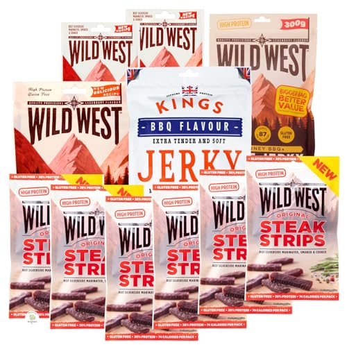 Wild West Beef Jerky - Mix, Original, Steak Strips, Kings BBQ jerky, Original - knapp 1 kg Trockenfleisch von WILD WEST