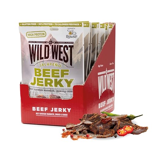 Wild West Beef Jerky, 12 x 60g Jalapeno Rindfleisch, Beef Jerky high Protein Trockenfleisch, Protein Snack Wild West Beef Jerky, 12 x 60g Jalapeno Rindfleisch, Beef Jerky high Protein Trockenfleisch, Protein Snack von WILD WEST