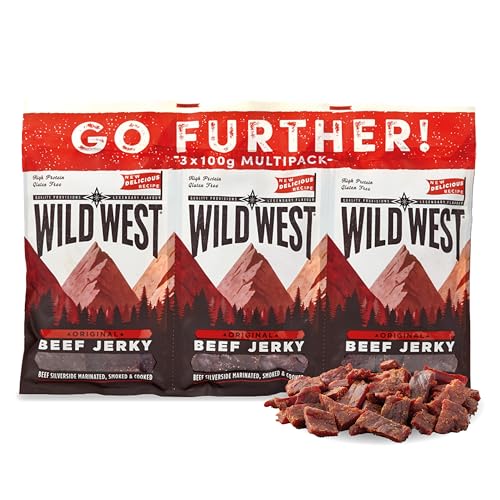 Wild West Beef Jerky, 3 x 100g Original Rindfleisch Snacks, Beef Jerky high Protein Trockenfleisch, Protein Snack, Knabberartikel Wild West Beef Jerky, 3 x 100g Original Rindfleisch Snacks, Beef Jerky high Protein Trockenfleisch, Protein Snack, Knabberartikel von WILD WEST