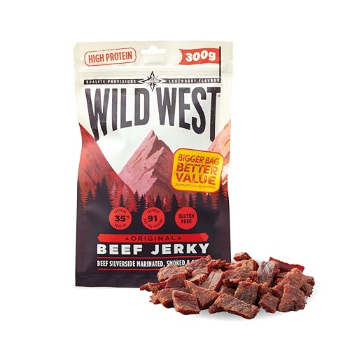 Wild West Beef Jerky, 300g Orignal Rinderfleisch, Beef Jerky high Protein Trockenfleisch, Protein Snack, 1 Packung Wild West Beef Jerky, 300g Orignal Rinderfleisch, Beef Jerky high Protein Trockenfleisch, Protein Snack, 1 Packung von WILD WEST
