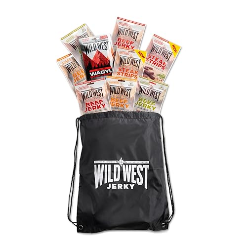 Wild West Beef Jerky, Mix Box 25g, 12er Pack + Sportsbag, 2x Original, 2x Honey BBQ, 2x Jalapeno, 2x Steak Strips Original, 2x Steak Strips Honey BBQ, 2x Wagyu - Beef Jerky high Protein Trockenfleisch von WILD WEST