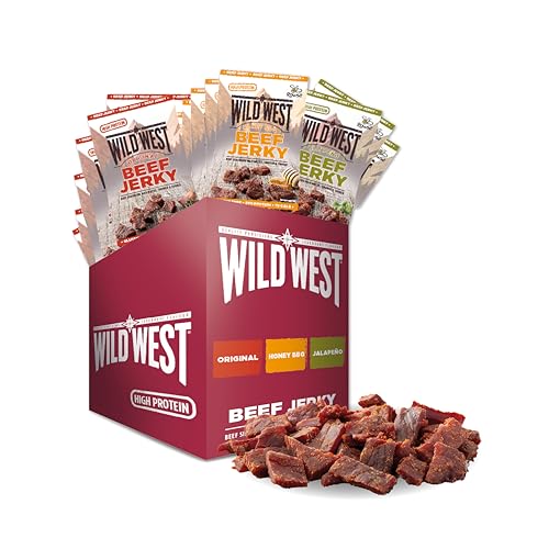 Wild West Beef Jerky, Mix Box 60g, 12er Pack mit 4x Original, 4x Honey BBQ, 4x Jalapeno, Rinderdörrfleisch, Beef Jerky high Protein Trockenfleisch, Protein Snack von WILD WEST