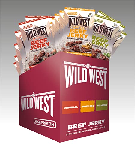 Wild West Beef Jerky, Mix Box 25g, 12er Pack mit 4x Original, 4x Honey BBQ, 4x Jalapeno - Beef Jerky high Protein Trockenfleisch, Protein Snack von WILD WEST