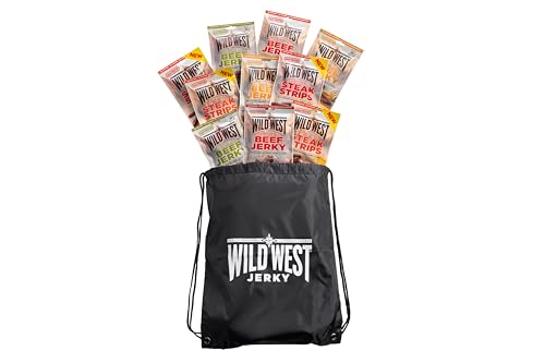 Wild West Beef Jerky, Mix Box 60g, 10er Pack + Sportsbag, 2x Original, 2x Honey BBQ, 2x Jalapeno, 2x Steak Strips Original, 2x Steak Strips Honey BBQ - Beef Jerky high Protein Trockenfleisch von WILD WEST