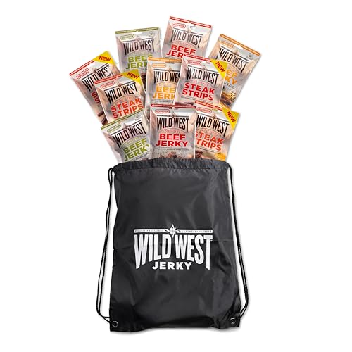 Wild West Beef Jerky, Mix Box 60g, 10er Pack + Sportsbag, 2x Original, 2x Honey BBQ, 2x Jalapeno, 2x Steak Strips Original, 2x Steak Strips Honey BBQ - Beef Jerky high Protein Trockenfleisch von WILD WEST