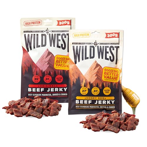 Wild West Beef Jerky, high Protein Trockenfleisch Bundle, Beef Jerky Protein Snack, 300g Honey BBQ & 300g Orginal, Rinderdörrfleisch Wild West Beef Jerky, high Protein Trockenfleisch Bundle, Beef Jerky Protein Snack, 300g Honey BBQ & 300g Orginal, Rinderdörrfleisch von WILD WEST