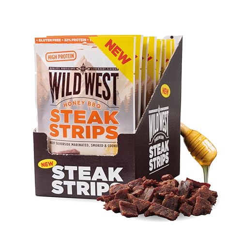 Wild West Steak Strips, 16 x 25g Honey BBQ Rindfleisch, Beef Jerky high Protein Trockenfleisch, Protein Snack Wild West Steak Strips, 16 x 25g Honey BBQ Rindfleisch, Beef Jerky high Protein Trockenfleisch, Protein Snack von WILD WEST