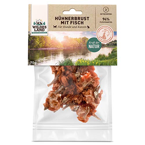 Wildes Land - Hühnerbrust mit Fisch - 70 g - Kausnack für Katzen - Natürlich belohnen - getreidefrei - Frisches, schonend getrocknetes Fleisch - Hoher Fleischanteil - Fettarm Wildes Land - Hühnerbrust mit Fisch - 70 g - Kausnack für Katzen - Natürlich belohnen - getreidefrei - Frisches, schonend getrocknetes Fleisch - Hoher Fleischanteil - Fettarm von WILDES LAND