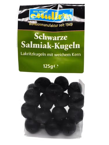 WILHELM Müller Schwarze Salmiak Kugeln - Bonbons wie vom Jahrmarkt - Lakritz Kugeln mit weichem Kern - Süßigkeiten im praktischen Beutel aus Deutschland - 125g von WILHELM Müller