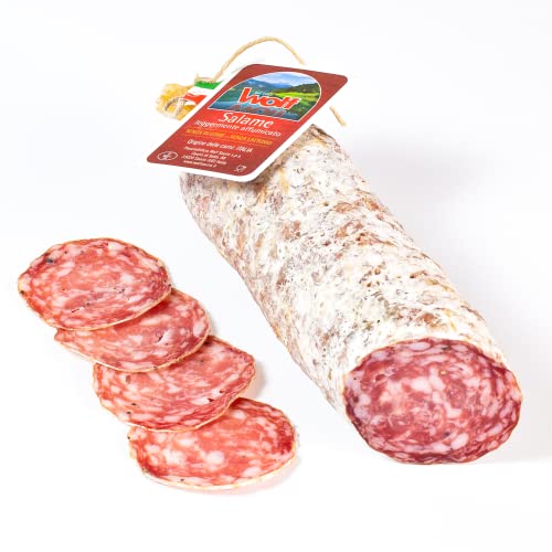 Sauris Knoblauchfreie Salami Mit 100% Italienischem Fleisch, Leicht Geräuchert Mit Traditioneller Buchenholz-Räuchermethode, Gluten- Und Laktosefrei, Ganze Vakuum 0,600 Kg (M. Nettogewicht Garantiert) von WOLF