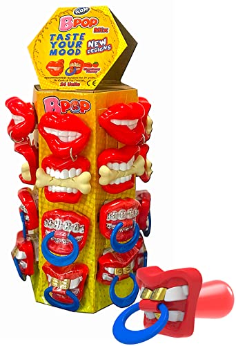 WOM Bpop Mix Turm, Lollipop Schnuller mit Erdbeergeschmack und lustiger Mundform | Turm aus 24 Süßigkeiten-Schnullern mit 4 verschiedenen Mundmodellen von WOM