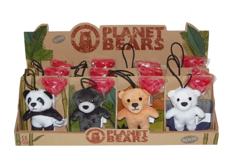 WOM Planet Bears, Erdbeer-Lutscher in Bärengesichtsform, begleitet von weichen Teddybären. Display von 12 Einheiten mit 4 verschiedenen Bärenmodellen von WOM