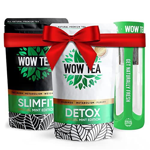 WOW TEA - Bauch Tees Box - Detox-Tee für die Gewichtsabnahme und Bauchfett | Bauch Blähungen Relief Formel mit Pfefferminze, Natural Green Tea, Yerba Mate, Löwenzahn-Wurzel, Eco Bottle 550ml, 300g von WOW TEA