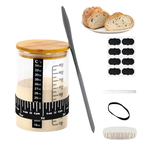 WRQIOO Sauerteig Starter Set, 900ML Sauerteig Glas mit Holzdeckel, Silikon-Spatel,Gummiband, Thermometerpapier, 8 Etiketten, Stift, Stoffhut, Markierungsband, Glas für Sauerteig für Fermentieren WRQIOO Sauerteig Starter Set, 900ML Sauerteig Glas mit Holzdeckel, Silikon-Spatel,Gummiband, Thermometerpapier, 8 Etiketten, Stift, Stoffhut, Markierungsband, Glas für Sauerteig für Fermentieren von WRQIOO