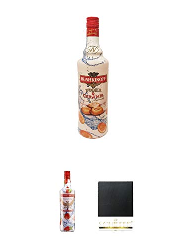 Rushkinoff Vodka & Caramel 0,7 Liter + Rushkinoff Vodka & STRAWBERRY 1,0 Liter + Schiefer Glasuntersetzer eckig ca. 9,5 cm Durchmesser von WSI GmbH