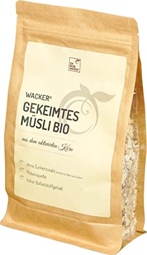 Wacker Gekeimtes Müsli Bio 350g von Sabine Wacker. Gekeimter Buchweizen, gekeimte Haferflocken und getrocknete Dattelstücke. Proteinquelle & hoher Ballaststoffgehalt. von Wacker