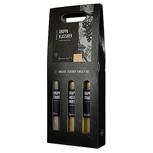 Wajos Geschenkset Grappa: 3er Set mit je 100ml Grappa Stravecchia, Grappa di Chardonnay, Grappa di Moscato Invecchiata, Alkohol Geschenkset für Männer von wajos