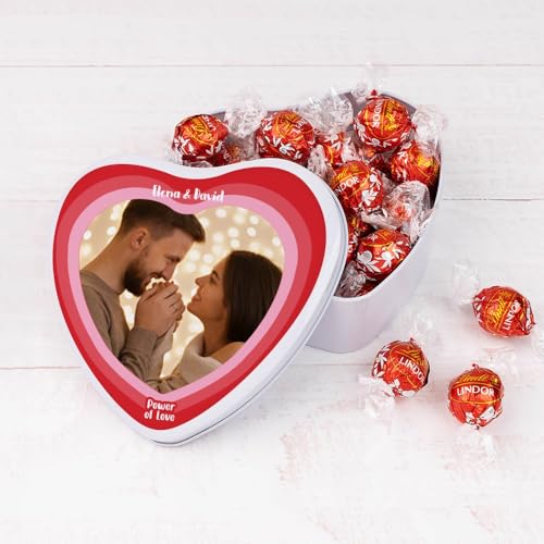 Wanapix | Herzf Blechdose mit Pralinen | Personalisierte mit Foto und Text | Mit 22 Pralinen | Originelles Geschenk zum Valentinstag |16x15x5 cm (800 ml) - Liebhaber von Wanapix