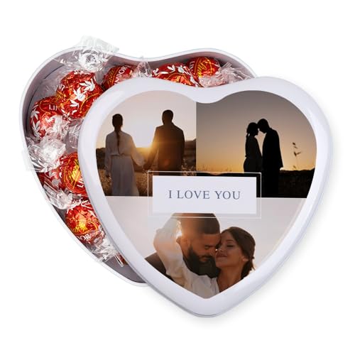 Wanapix | Herzf Blechdose mit Pralinen | Personalisierte mit Foto und Text | Mit 22 Pralinen Lindt | Originelles Geschenk zum Valentinstag |16x15x5 cm (800 ml) - Love You von Wanapix