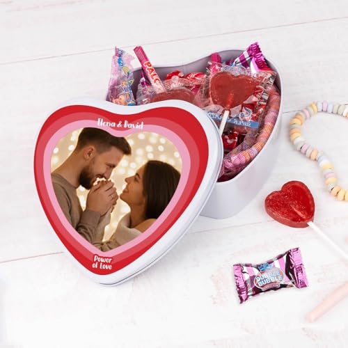 Wanapix | Herzf Blechdose mit Süßigkeiten | Personalisierte Mit Foto und Text | Mit 32 Süßigkeiten | Originelles Geschenk zum Valentinstag | 16x15x5 cm (800 ml) - Liebhaber von Wanapix