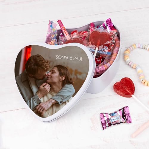 Wanapix | Herzf Blechdose mit Süßigkeiten | Personalisierte Mit Foto und Text | Mit 32 Süßigkeiten | Originelles Geschenk zum Valentinstag | 16x15x5 cm (800 ml) von Wanapix