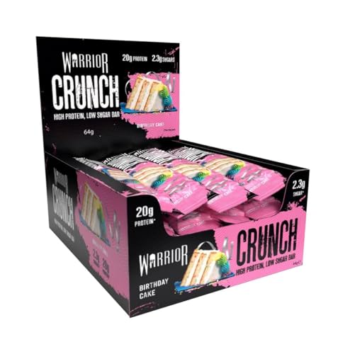 Warrior Crunch 20g Proteinriegel – zucker-/kohlenhydratarmer Snackriegel – 12er-Pack à 64 g – zum Frühstück oder nach dem Training – dreilagig – unglaublich lecker (Geburtstagskuchen) von Warrior