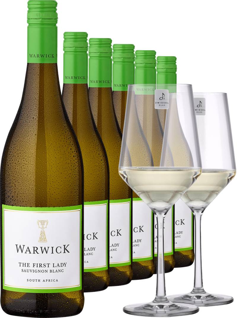 2022 Warwick Estate »The First Lady« Sauvignon Blanc im 6er-Vorratspaket inkl. 2er-Set Zwiesel Glas »PURE« von Warwick Wine Estate