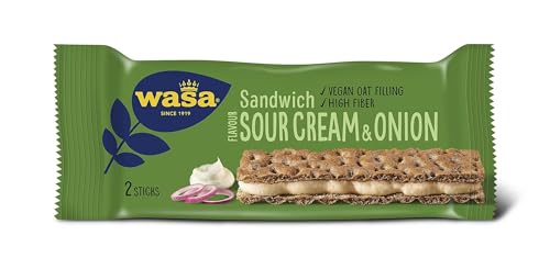 Wasa Sandwich Sour Cream & Onion 24x33g | Ballaststoffreicher Sandwich-Knäckebrot-Snack aus Vollkornroggen-Knäckebrot und veganer Sauerrahm-Zwiebel-Füllung, je 2 Sticks, Perfekt für unterwegs von Wasa