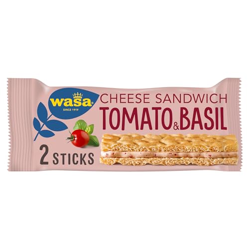 Wasa Sandwich Tomato & Basil 24x40g I Knäckebrot-Snack aus Weizenmehl mit einer Füllung aus Käse, Getrockneten Tomaten & Basilikum, je 2 Sticks, Perfekt für unterwegs von Wasa