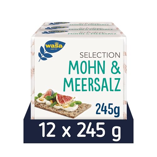 Wasa Selection Mohn & Meersalz 12x245g I Knäckebrot aus 100% Roggenvollkornmehl, mit Mohn & Meersalz verfeinert von Wasa