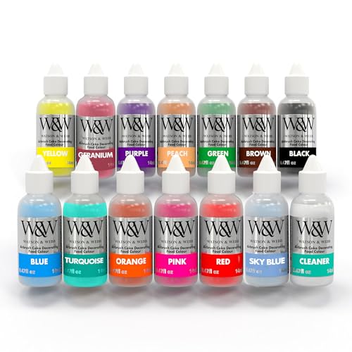Watson & Webb Airbrush-Farben zum Dekorieren von Kuchen | 13 x 14 ml Komplettset mit flüssiger Profi-Lebensmittelfarbe + 1 Airbrush-Reiniger | Veganfreundliche konzentrierte Formel Watson & Webb Airbrush-Farben zum Dekorieren von Kuchen | 13 x 14 ml Komplettset mit flüssiger Profi-Lebensmittelfarbe + 1 Airbrush-Reiniger | Veganfreundliche konzentrierte Formel von Watson & Webb