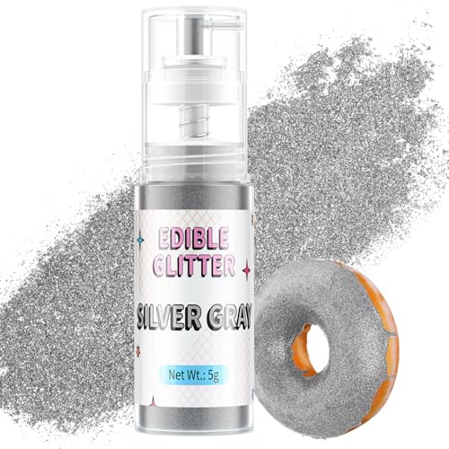 Essbarer Glitzer Spray Silbergrau, Waysroma Goldpuder Essbar für Backen Lebensmittel Glitzer für Getränke, Erdbeeren, Cupcakes, Osterkuchen, Fondant, Cocktails, Schokolade (5g) von Waysroma