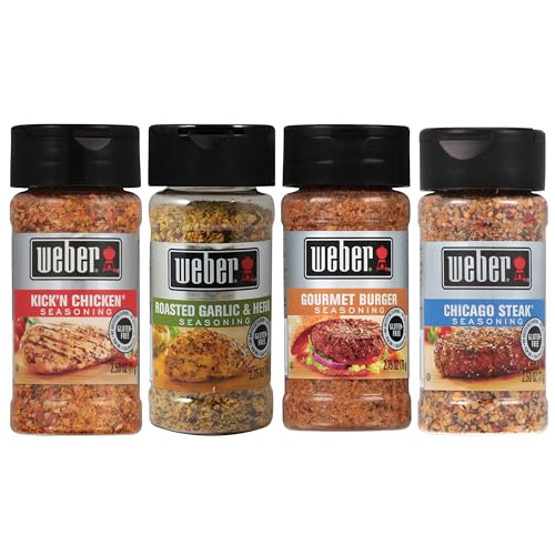 Weber Seasoning Variety 4 Flavor Pack - Kickn Chicken - Roasted Garlic & Herbs - Chicago Steak - Gourmet Burger - All Natural Shake-on Bundle von Weber