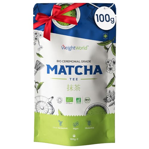 Bio Matcha Pulver - 100g Japanischer Grüner Tee - Fein gemahlene & köstliche Latte - Reich an Theanin - Hohe Qualität Ceremonial Grade - Natürliche Zutat - Reines Pulver - Vegan - WeightWorld von WeightWorld