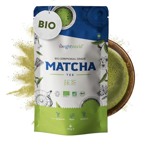 Bio Matcha Pulver - 100g Japanischer Grüner Tee - Fein gemahlene & köstliche Latte - Reich an Theanin - Hohe Qualität Ceremonial Grade - Natürliche Zutat - Reines Pulver - Vegan - WeightWorld von WeightWorld