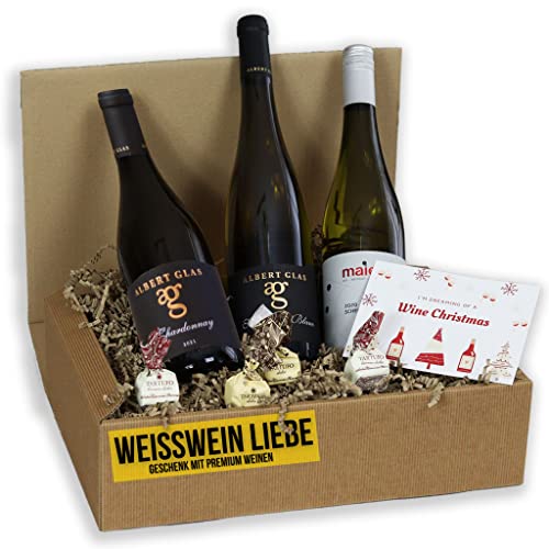 Wein Geschenk Premium Weißwein | Probierpaket gefüllt mit italienischen Pralinen und 3 Weißweinen | Präsentkorb für Frauen & Männer | Geschenkset | Geschenkidee Wein Schokolade Firmengeschenk von WeinDaheim