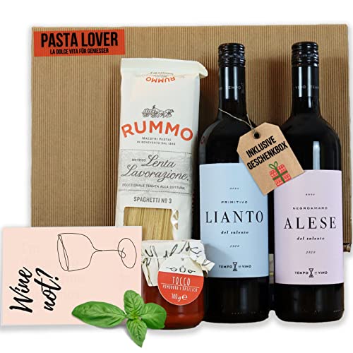 Wein Geschenk Pastalover | Geschenkkorb für Frauen & Männer gefüllt mit italienische Spezialitäten | Präsentkorb gefüllt | Präsentkorb Weihnachten | Wein Geschenkset | Feinkost Geschenkset | Fresskorb von WeinDaheim