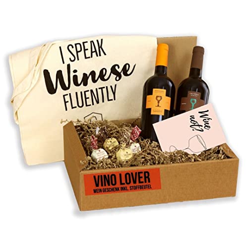 Wein Geschenk Vinolover | Geschenkkorb gefüllt mit italienischen Pralinen, Weißwein und Baumwolltasche | Präsentkorb für Frauen & Männer | Geschenkset | Geschenkidee Schokolade (Rotwein) von WeinDaheim