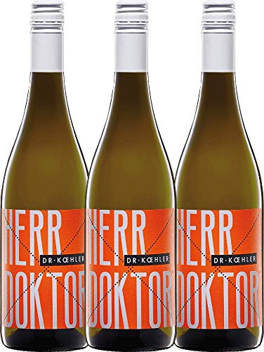 VINELLO 3er Weinpaket Weißwein - Herr Doktor 2019 - Dr. Koehler mit Weinausgießer | trockener Sommerwein | deutscher Weißwein aus Rheinhessen | 3 x 0,75 Liter von Weingut Dr. Koehler