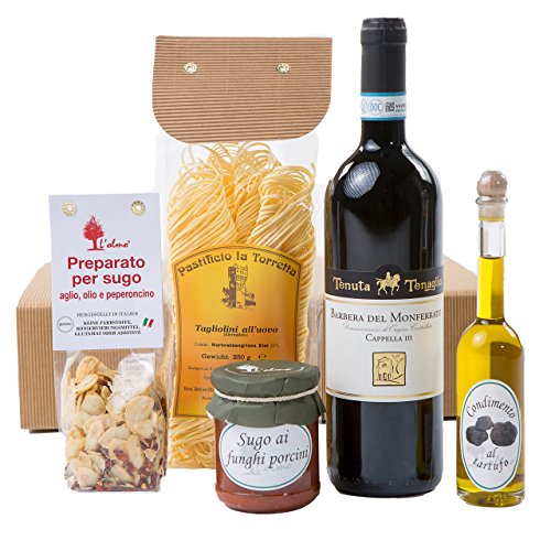 The Wine Guys Präsentkorb „Genussreise Piemont“ mit italienischen Spezialitäten: Piemonteser Feinkost und Barbera | Geschenkset mit Antipasti , Pasta Gewürz von The Wine Guys