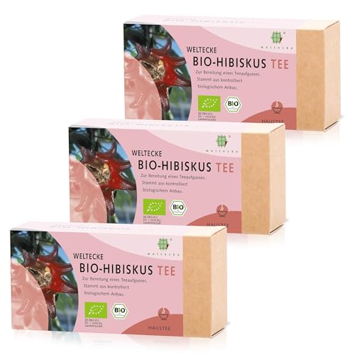 Weltecke Bio-Hibiskus-Tee | 3x25 Teebeutel in Deutschland kontrolliert & hergestellt | Getrocknete Hibiskus-Blüten frisch abgefüllt | Fruchtig-aromatischer Entspannungstee | Hibiscus Tea von Weltecke